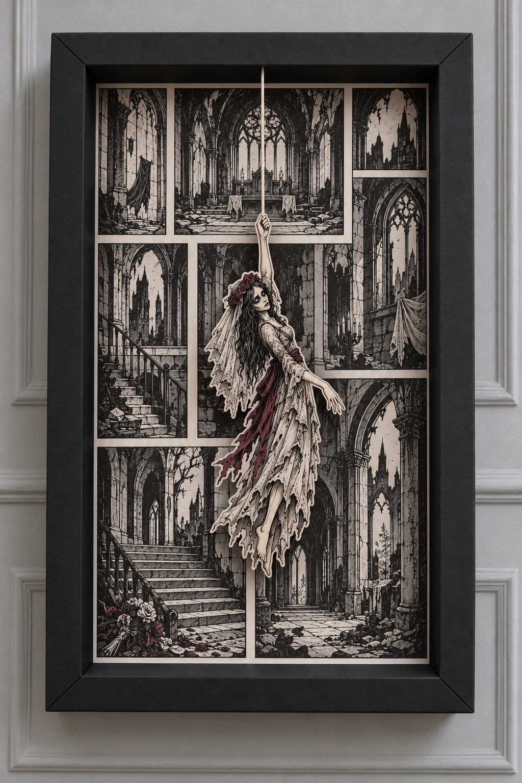 Suspended ghost bride cutout in an ivory and burgundy dress against cathedral panels inside a black frame