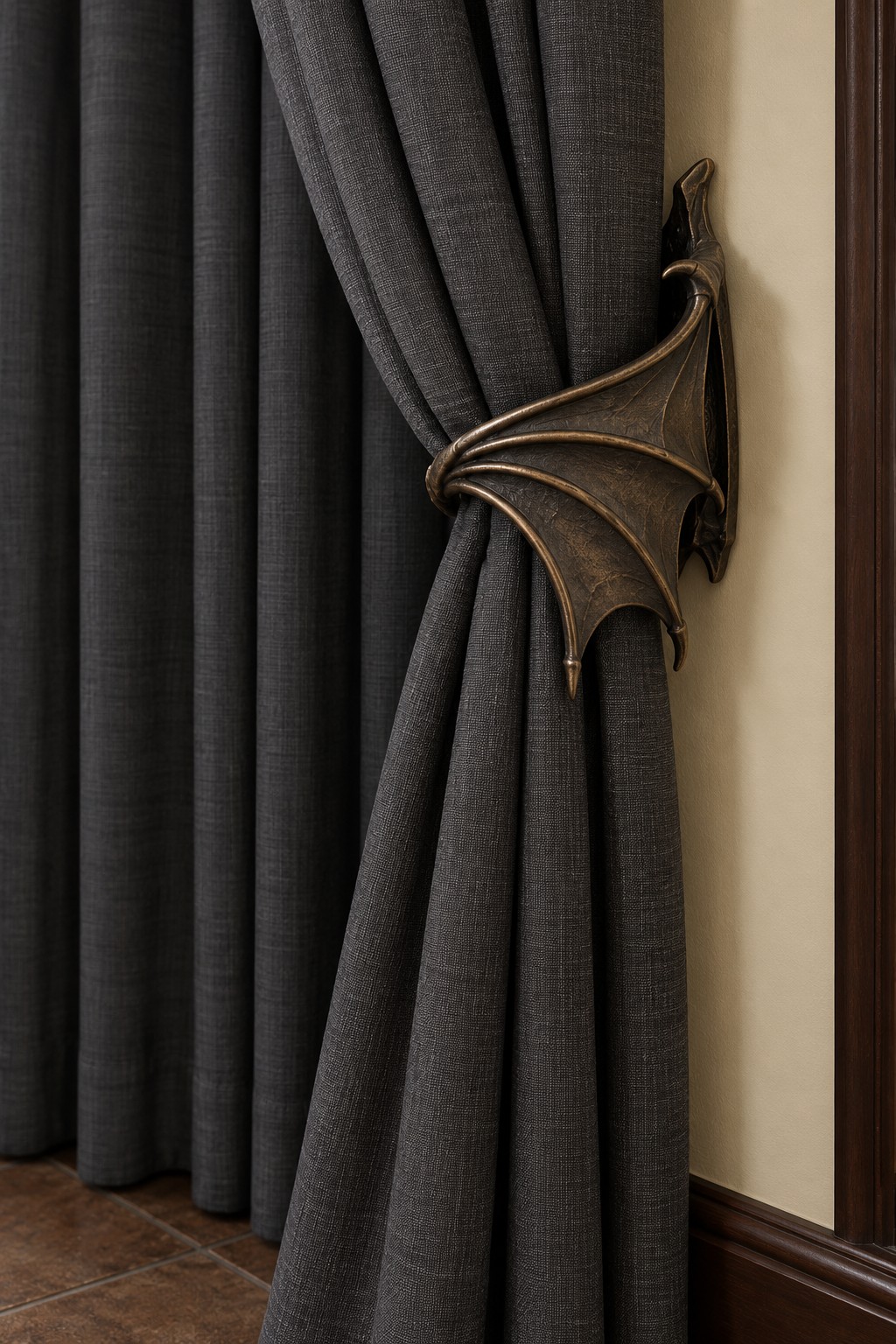 Bronze colored dragon wing curtain holdback gathering a charcoal curtain beside a cream wall