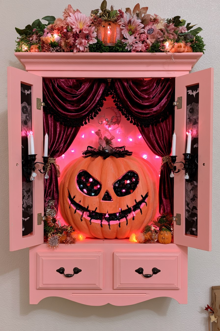 Open pink wall cabinet with an orange pumpkin, burgundy curtains, and floral trim