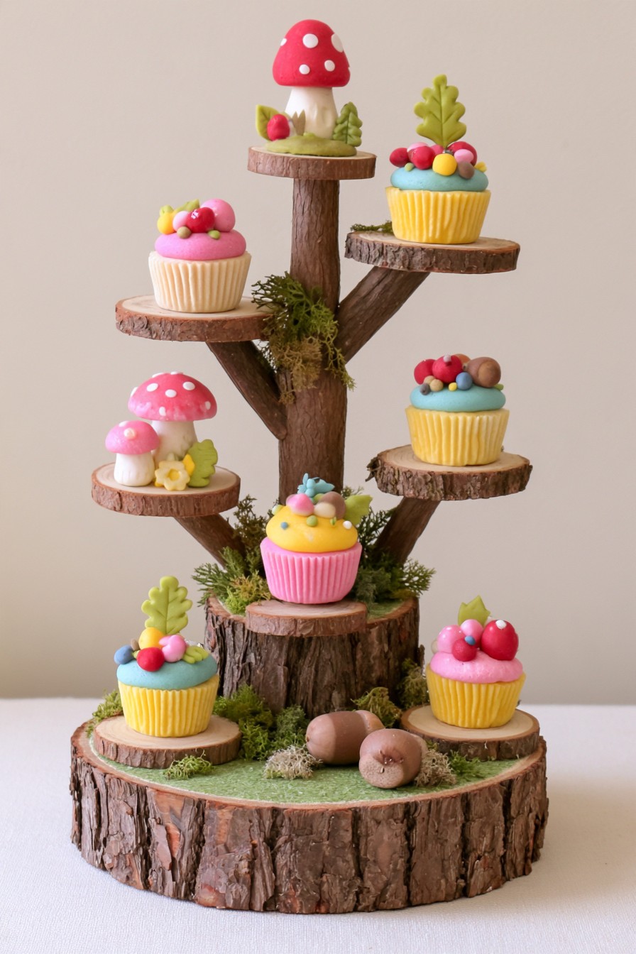 Enchanted forest stump cupcake stand on a dessert table