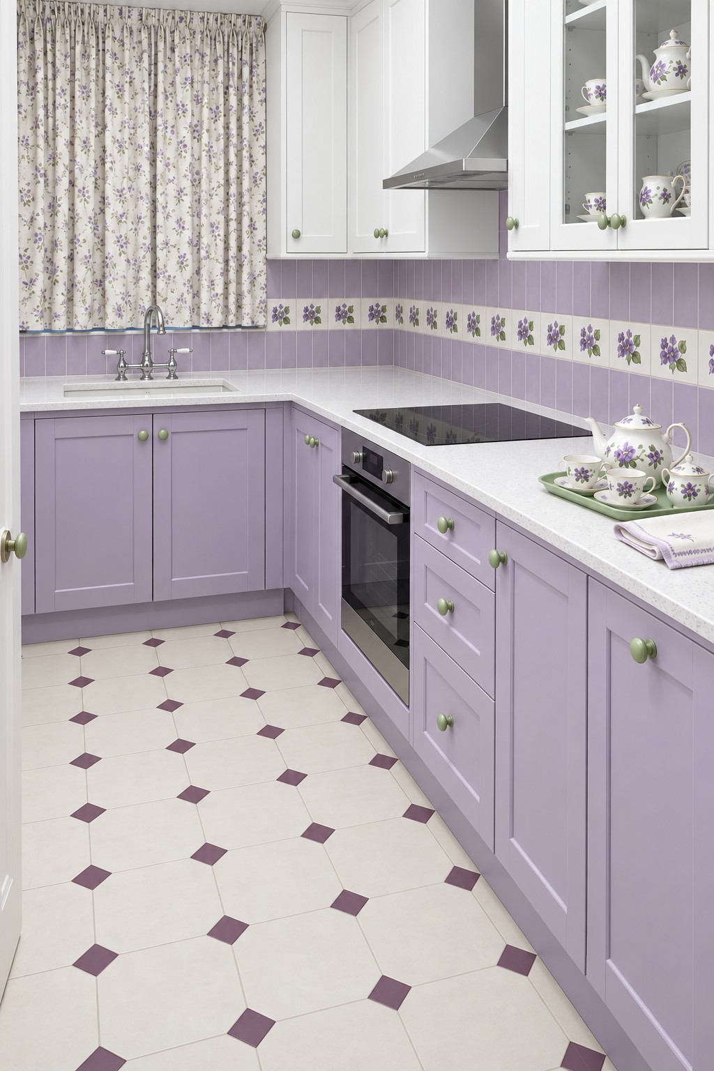 Lilac lower cabinets with a purple flower tile border, floral curtains, green knobs, and a matching tea set