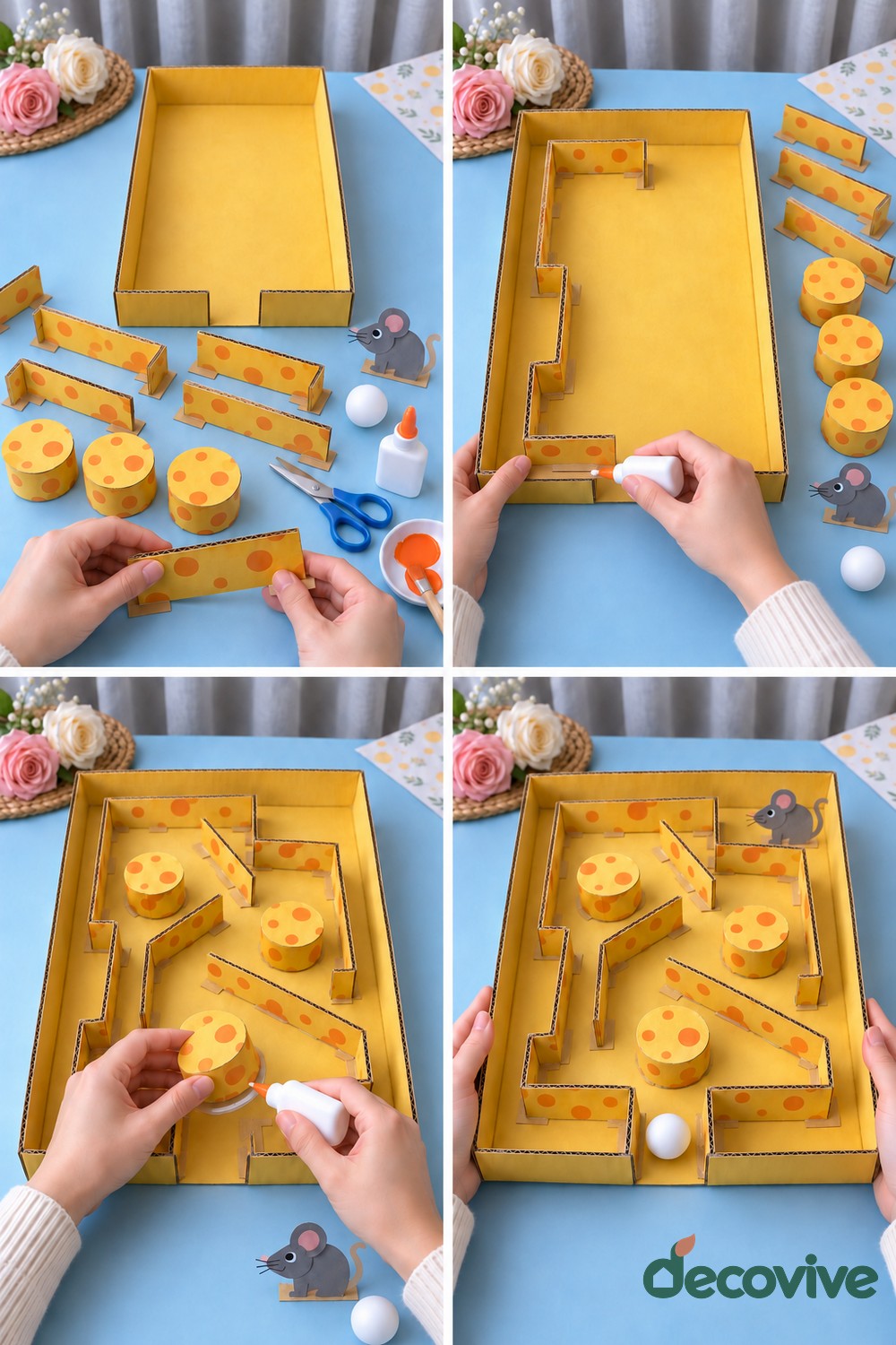 Making sequence for a cardboard cheese maze with a rolling ball