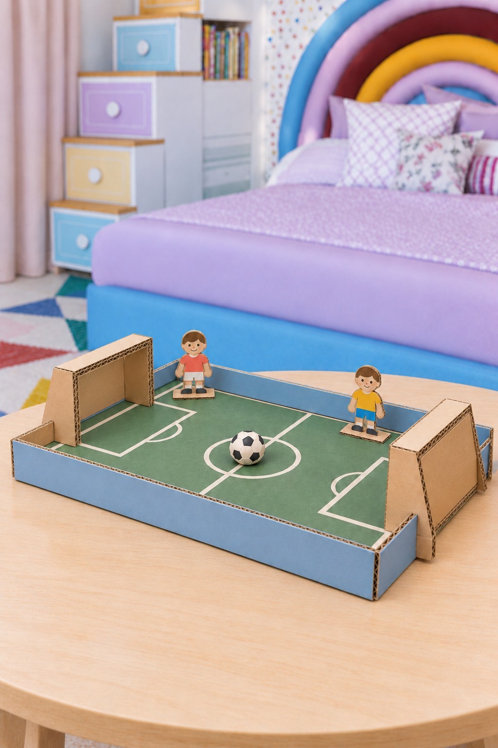 Small green cardboard football pitch with two inward facing goals, player figures and a paper ball