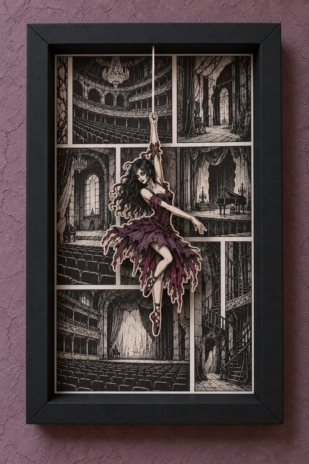 Purple and burgundy paper dancer suspended above monochrome opera house panels in a black frame