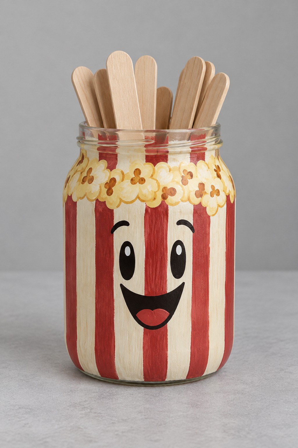 Jar with red and cream vertical stripes a painted popcorn border and a smiling face holding wooden sticks