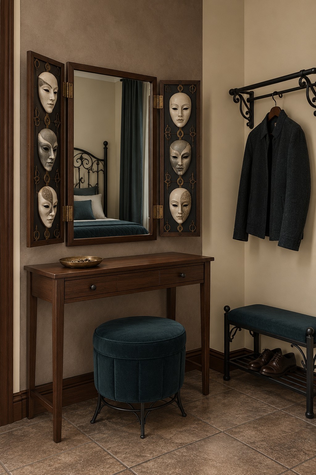 Wooden dressing mirror with three sculpted masks on each side panel above a narrow table and teal stool