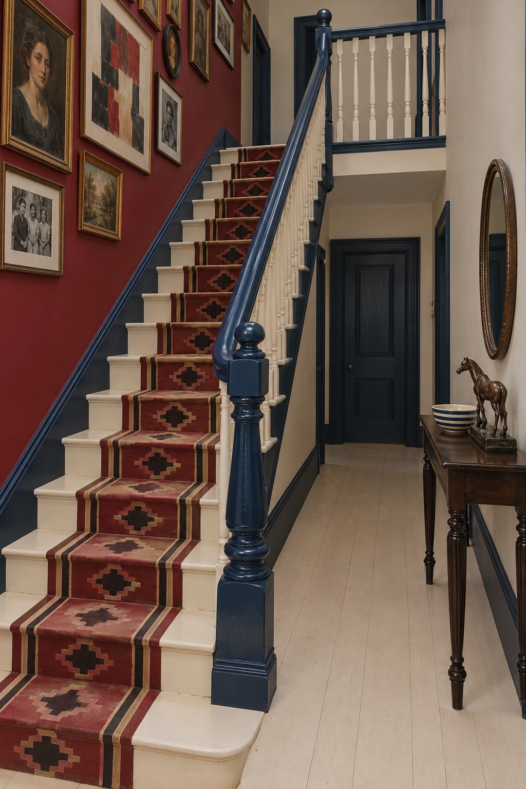 Deep blue staircase railing with cream spindles, a burgundy patterned runner, and a portrait gallery on red walls