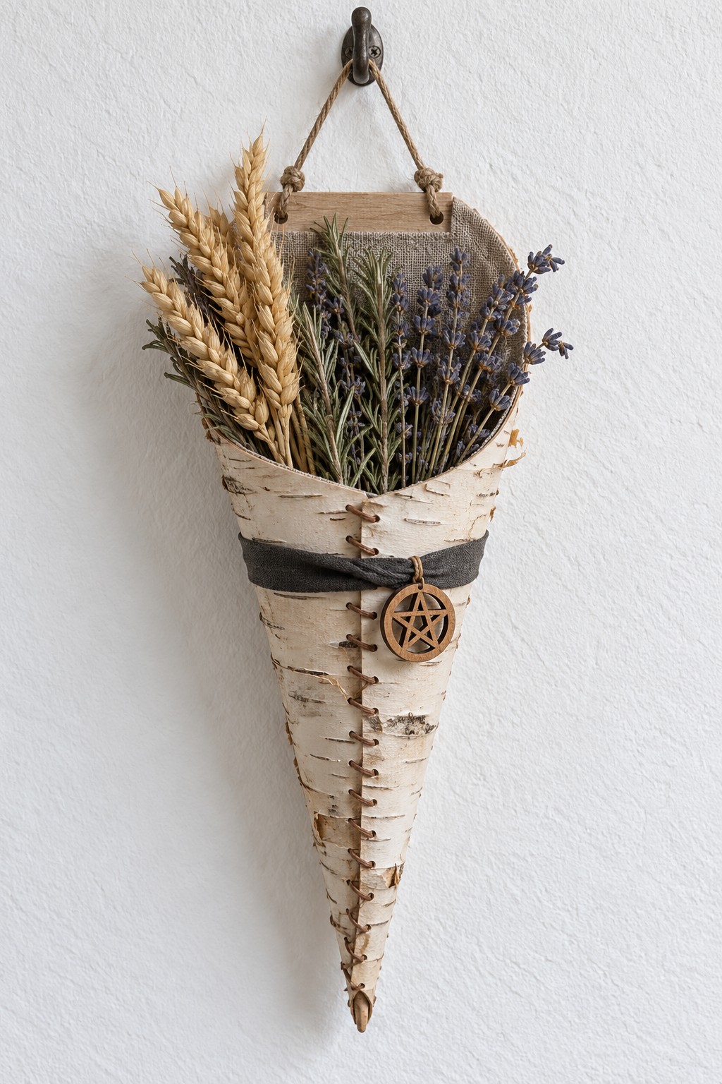 Birch bark cone with a laced front seam, black band, wooden pentagram charm and dried wheat, rosemary and lavender