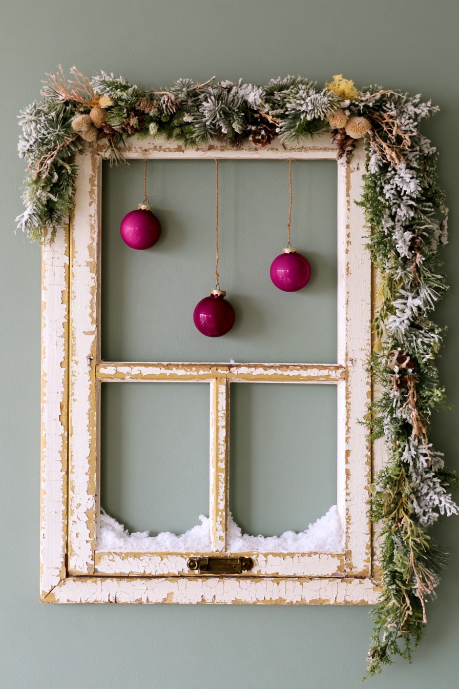 Weathered old window frame decorated with greenery and red Christmas ornaments