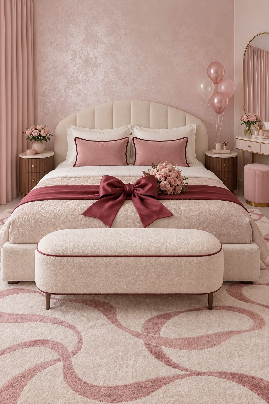 Pink bedroom with a large burgundy satin bow across the bed, a curved cream headboard, and a piped bench