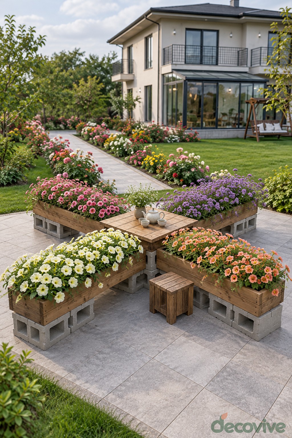Four flower backed garden benches arranged around a small central tea table