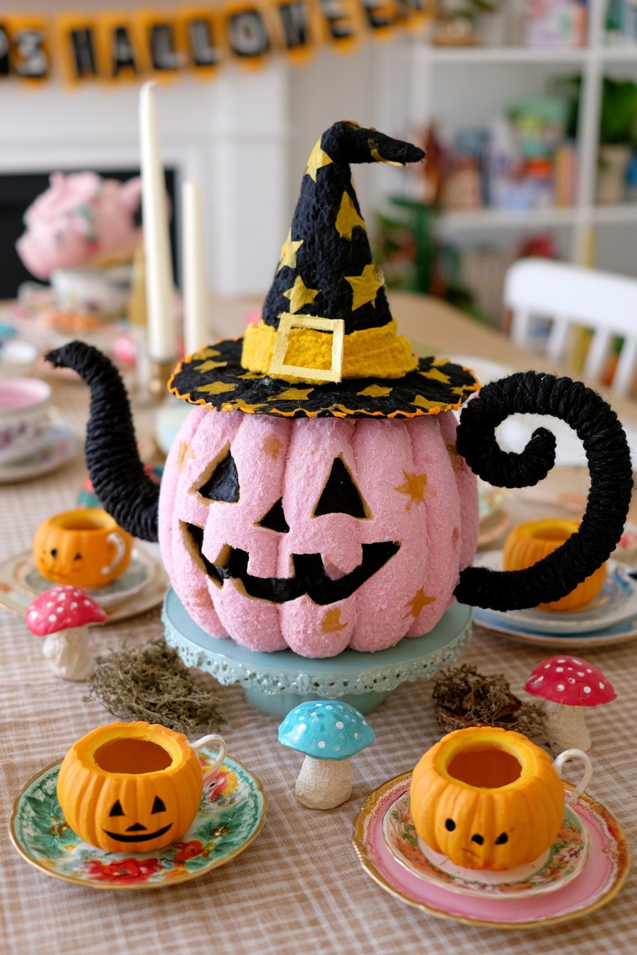 Pink pumpkin teapot decoration with a black witch hat on a mint pedestal
