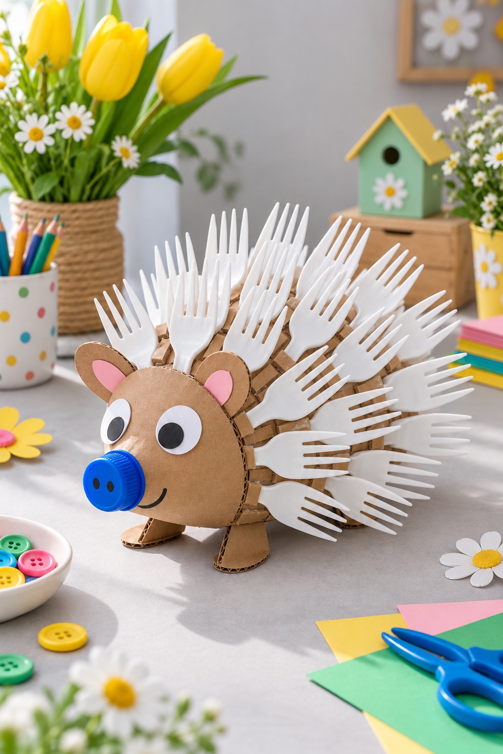 Cardboard hedgehog display with white plastic fork spines, paper ears and eyes, and a blue cap nose