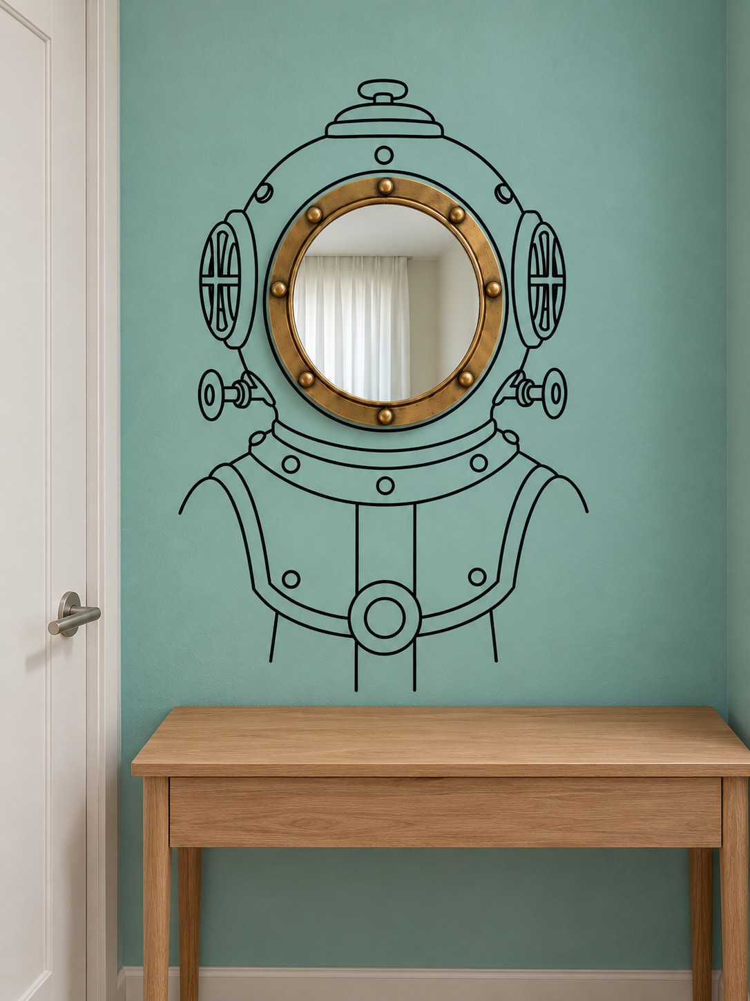 Round brass mirror forming the viewing window of a diving helmet drawn on a teal wall