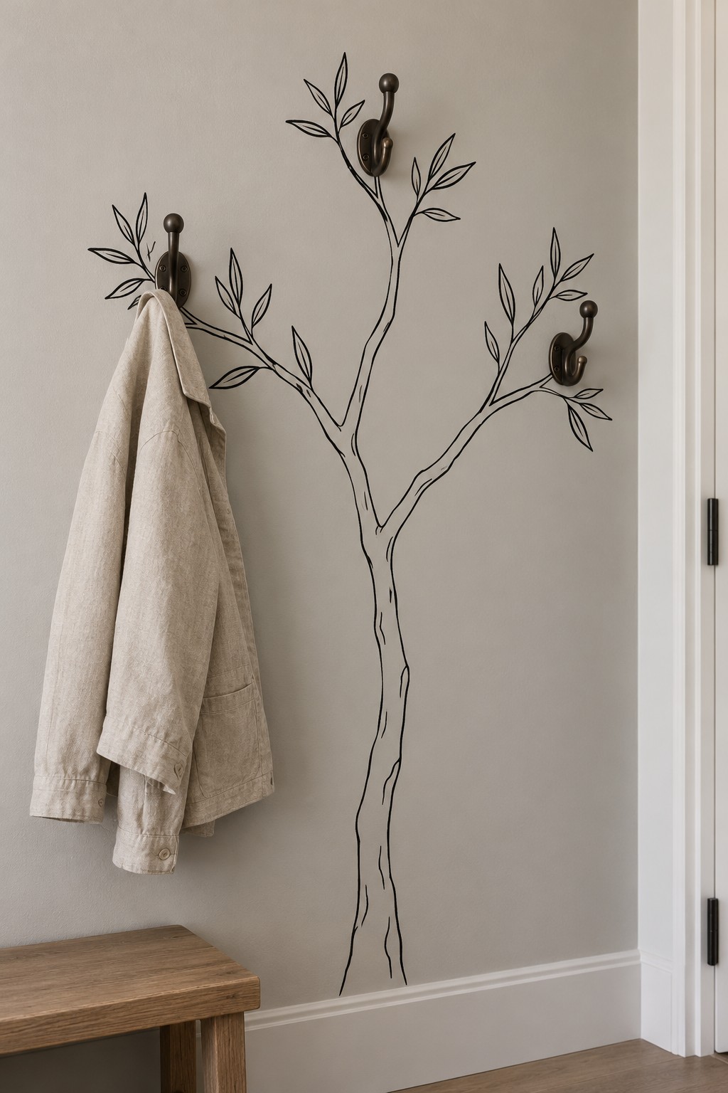 Three dark coat hooks incorporated into painted tree branches on a neutral entryway wall