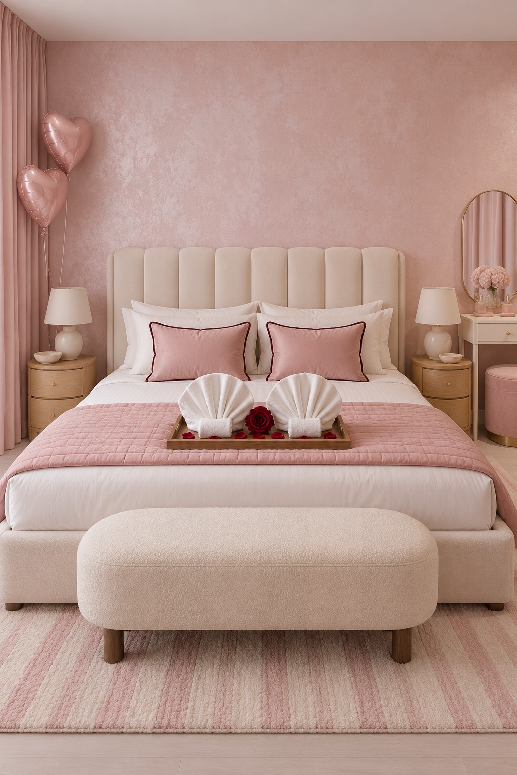 Cream upholstered bed with a blush quilt, two fan folded towels on a wooden tray, and a pink striped rug