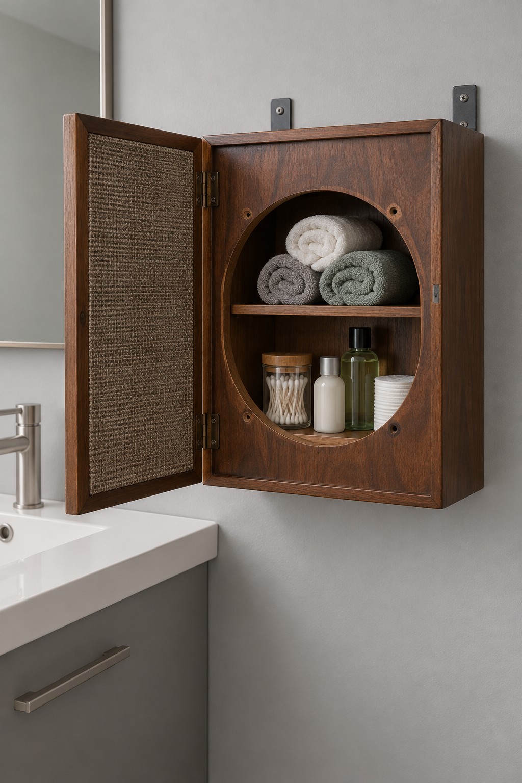 Old wooden clock case converted into a wall cabinet with a round opening wooden shelf and hinged mesh door holding towels and toiletries