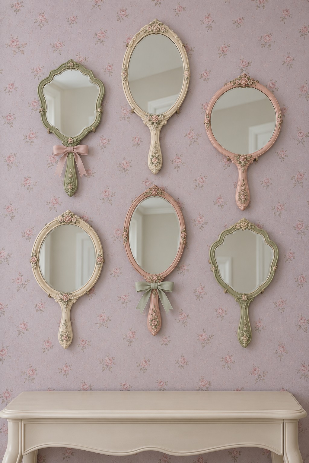 Six ornamental hand mirror shapes in cream, sage, and pink arranged over lilac floral wallpaper
