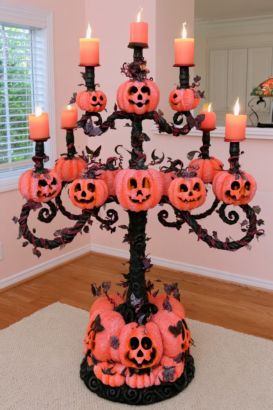 Tall black branching candelabra decorated with coral pumpkins and orange pillar candles