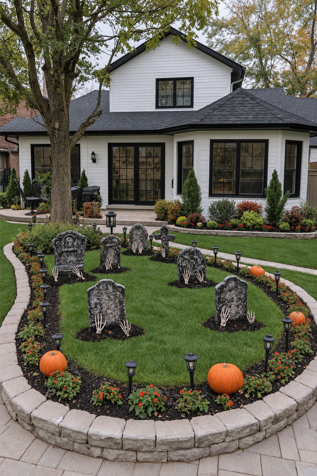 Curved raised lawn with gray grave markers, faux skeletal hands, flowers, and orange pumpkins