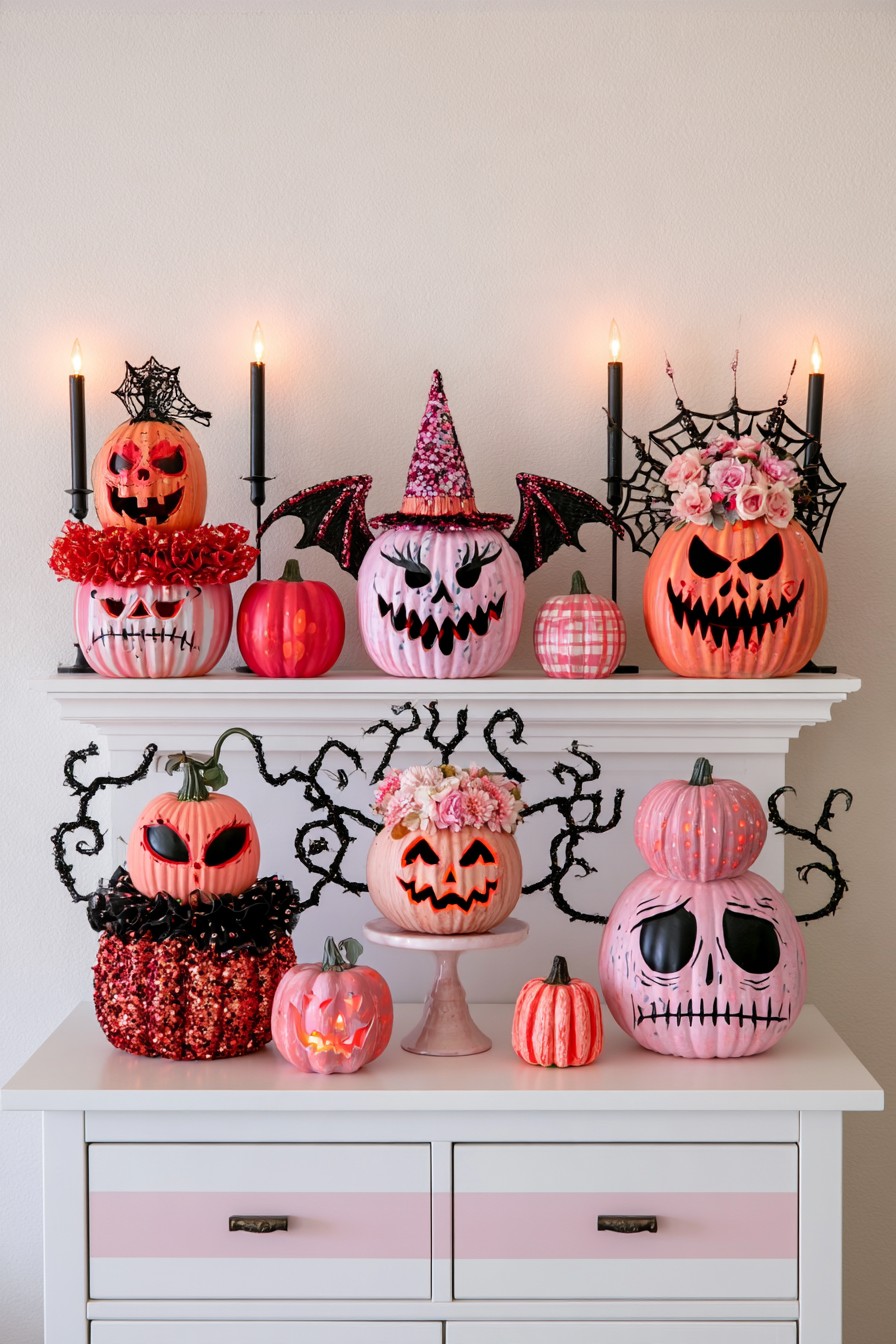 Pink and coral pumpkins with floral crowns, bat wings, and black web accents