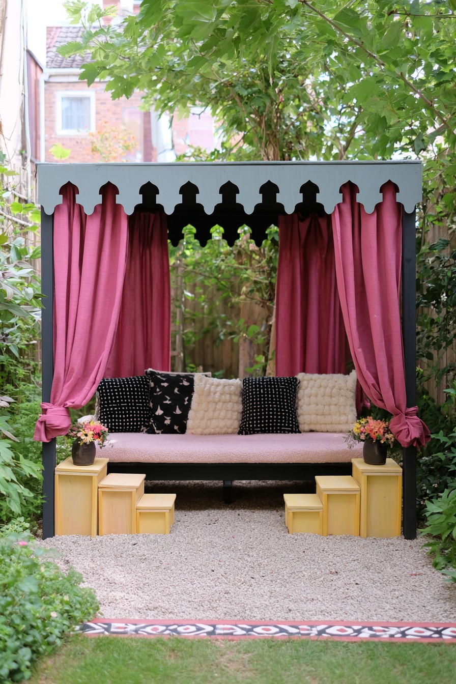 Rose curtains framing a pink garden bench with black and cream pillows