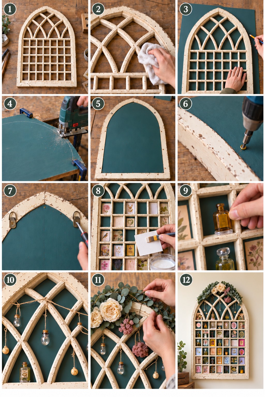 Old window making stages showing cleaning, tracing and cutting a backing, fitting hardware and arranging botanical details