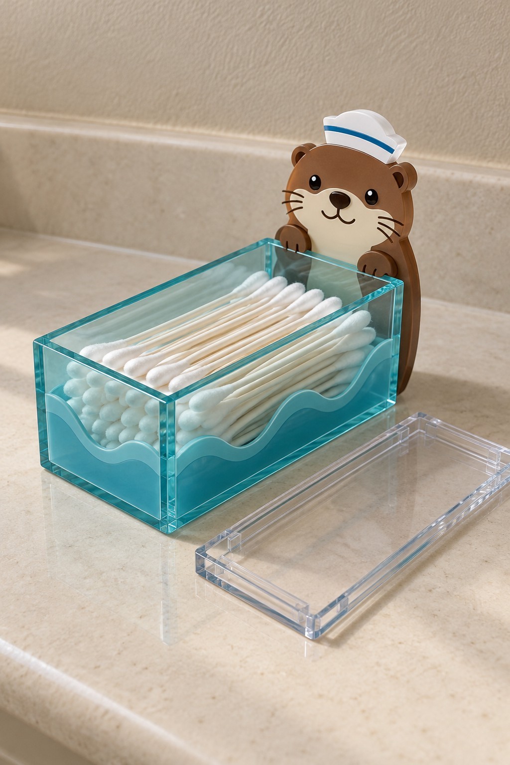 Turquoise acrylic cotton swab box with a sailor otter backing and removable clear lid