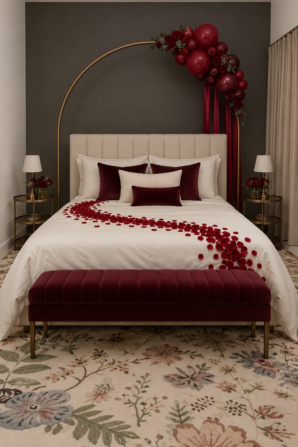 Cream bed against a charcoal wall with a gold circular arch, burgundy balloons, red petals, and a velvet bench