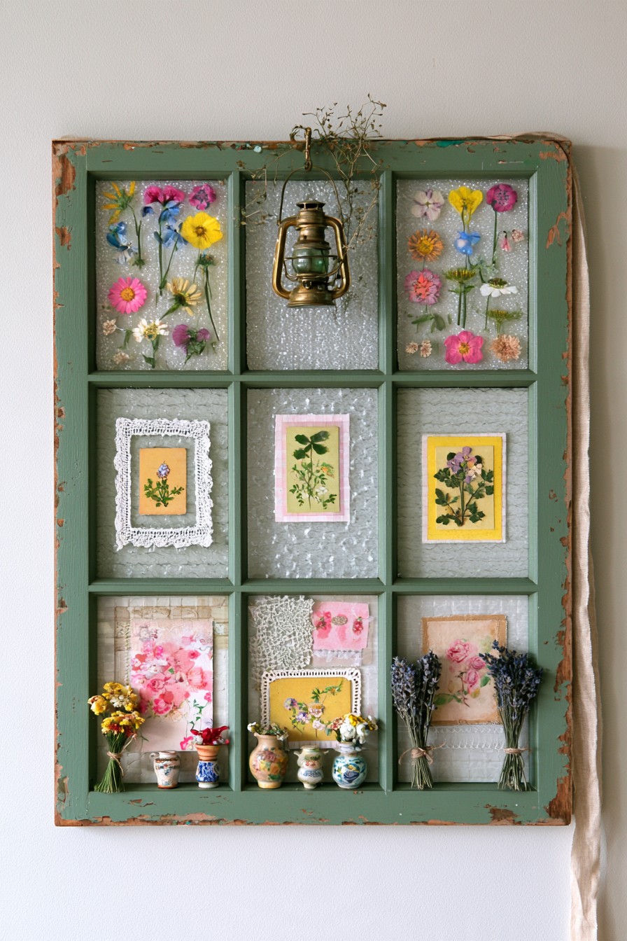 Vintage window frame arranged as a botanical wall display