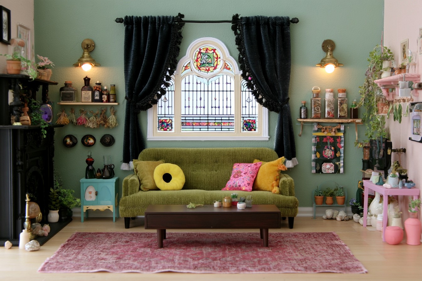 Olive sofa beneath a rounded stained glass window and black curtains, with sage walls, jar shelves, and a pale blue side cabinet