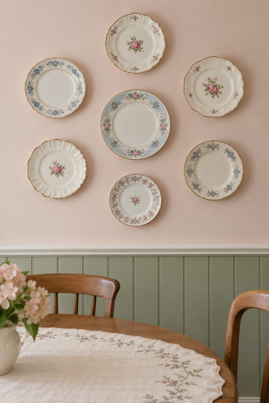 Seven floral china plates on a blush wall above sage beadboard in a dining corner