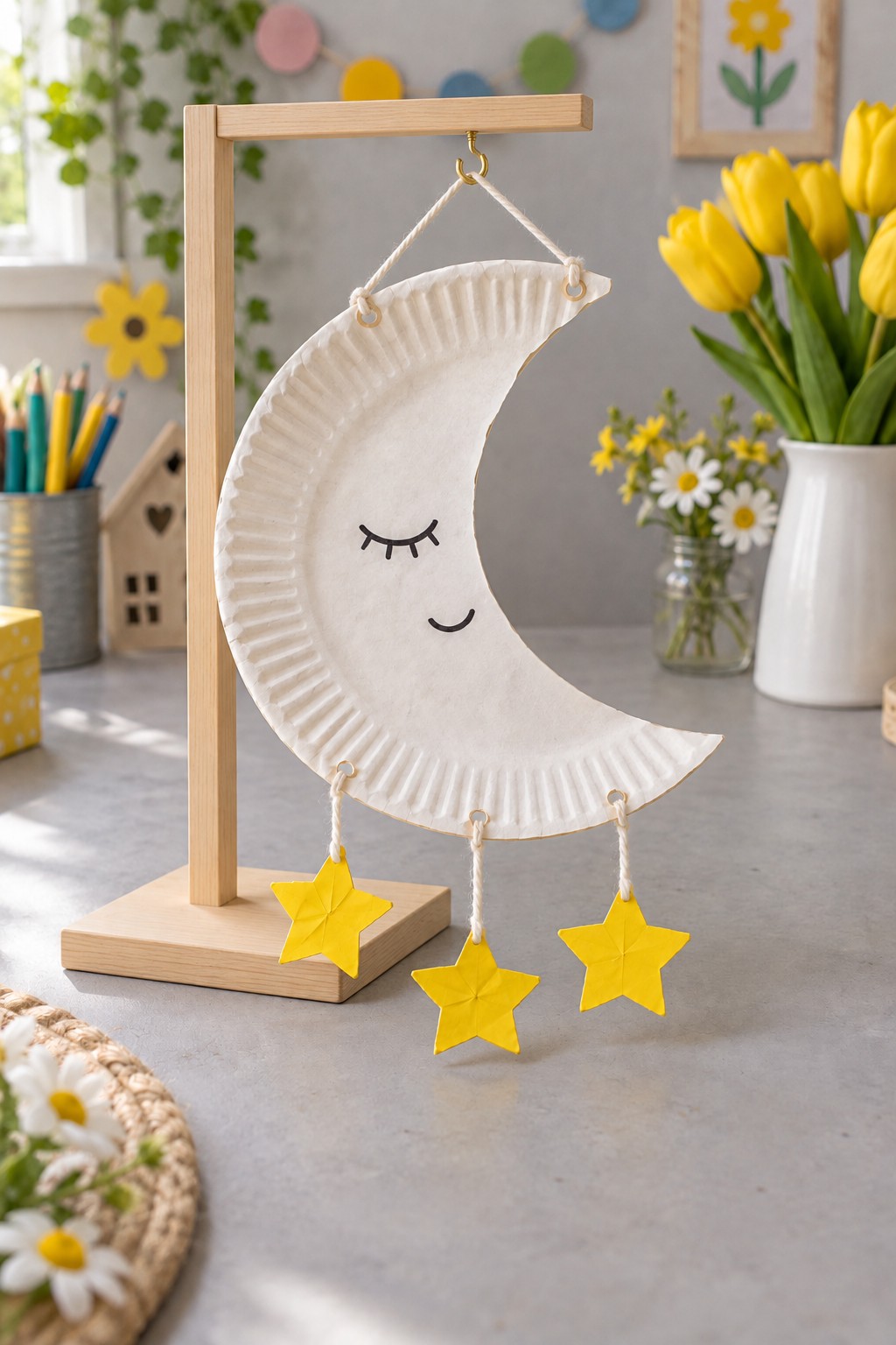 White paper plate crescent moon with a sleepy face and three yellow hanging stars