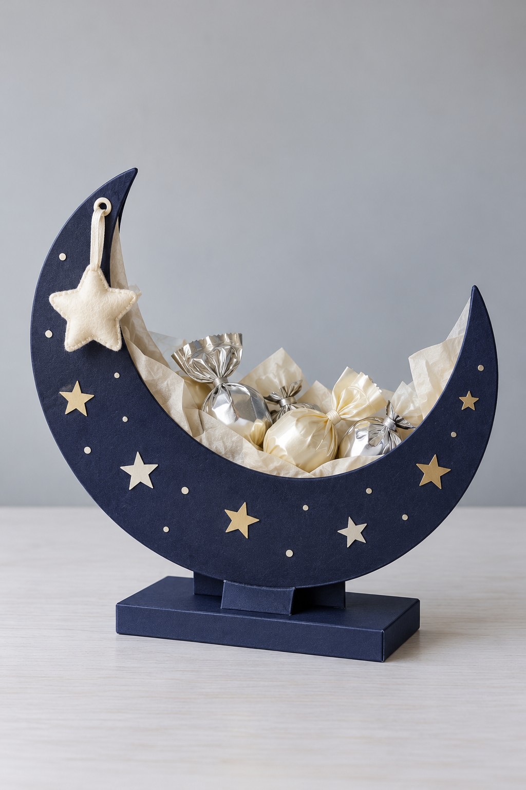 Navy crescent moon sweet holder on a rectangular base with star decorations and a hanging felt star