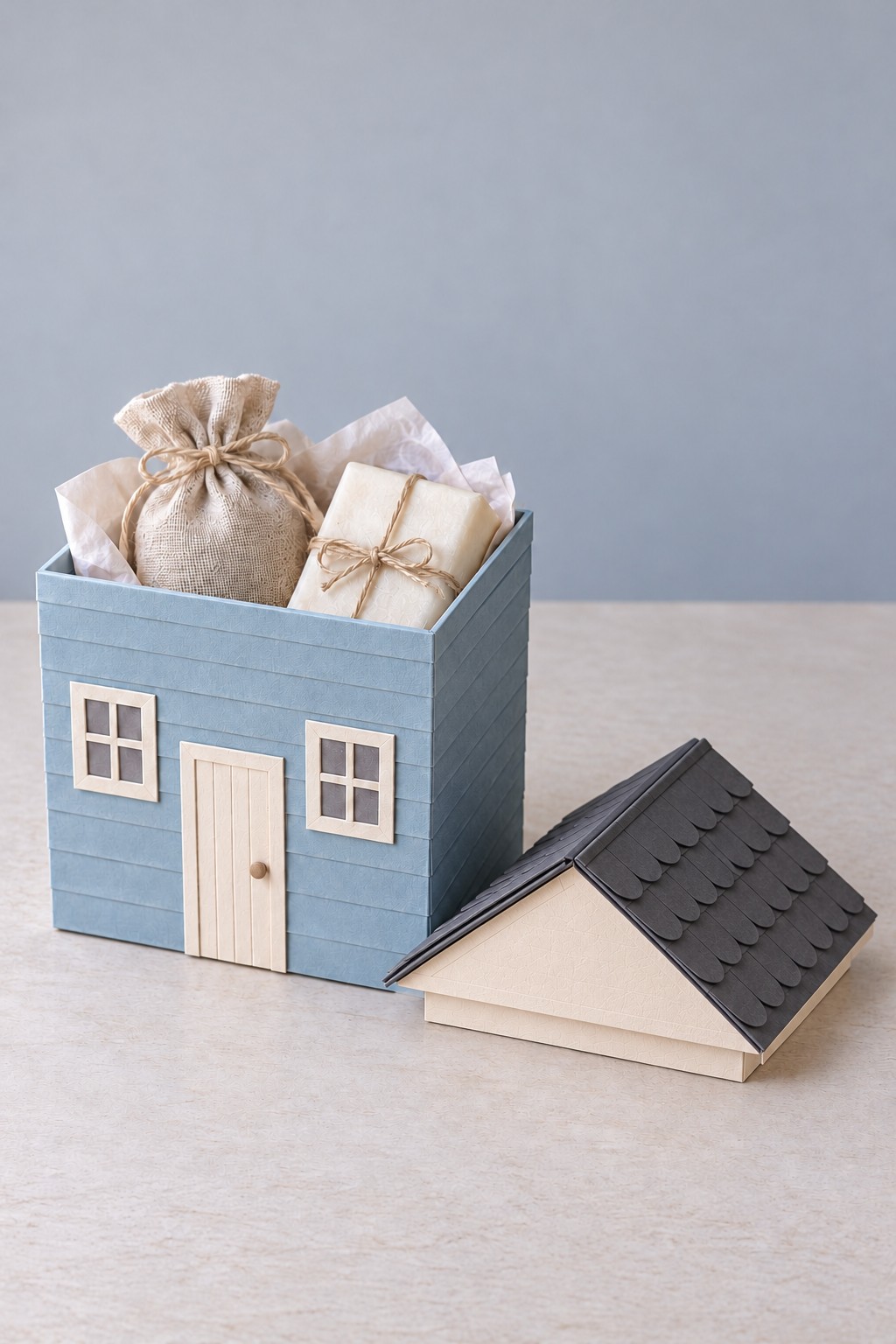 Blue cottage gift box holding a linen pouch and a wrapped parcel beside its removable shingled roof