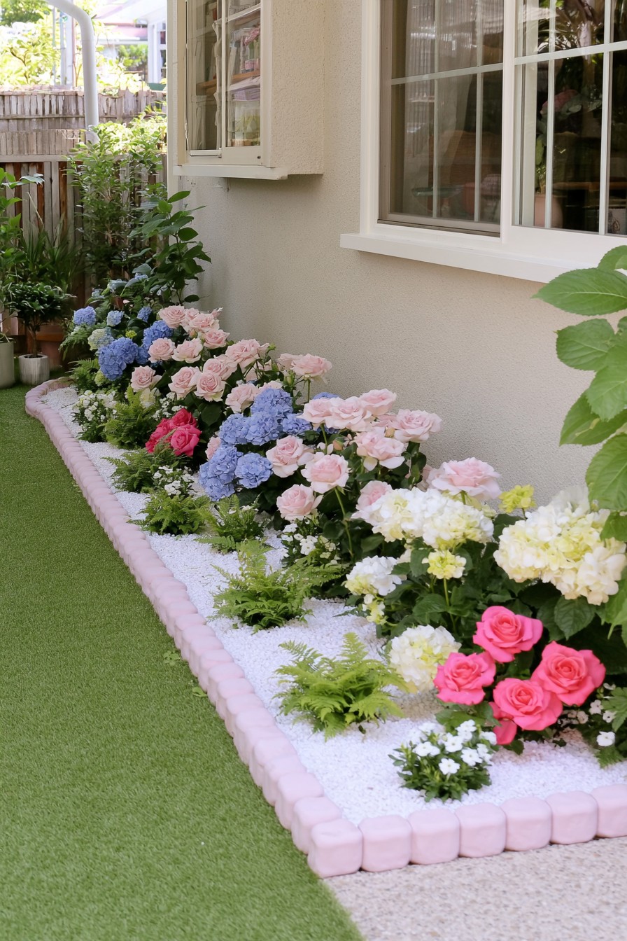 Long house-side flower border with pink edging, white gravel, and alternating shrubs