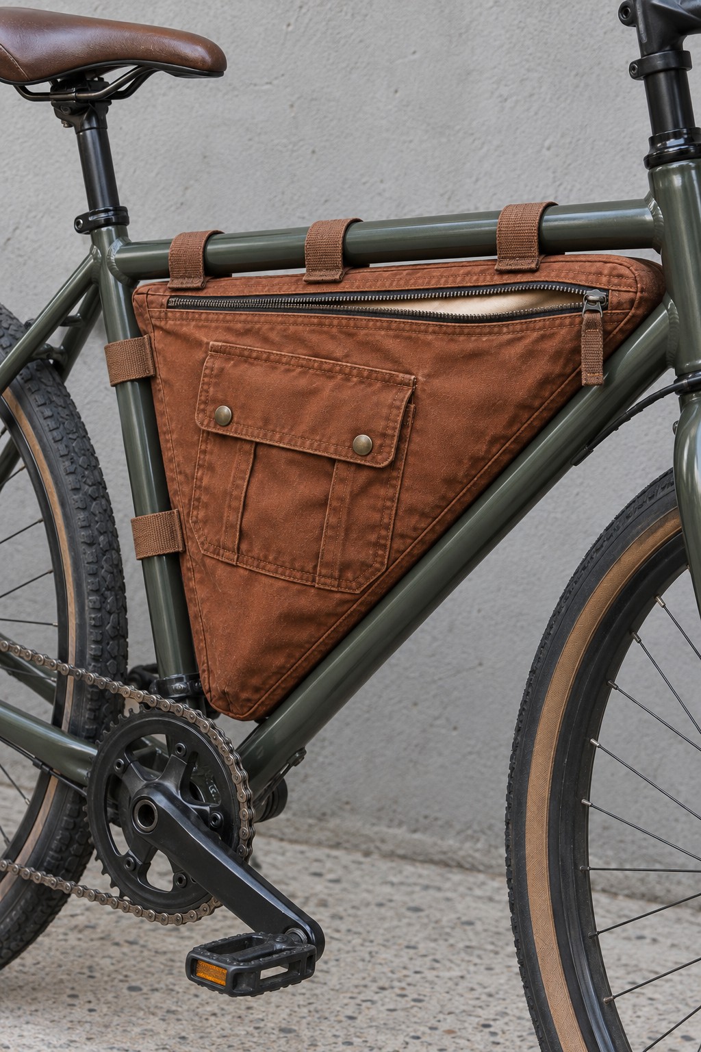 Rust brown triangular bicycle frame bag secured inside the bicycle frame