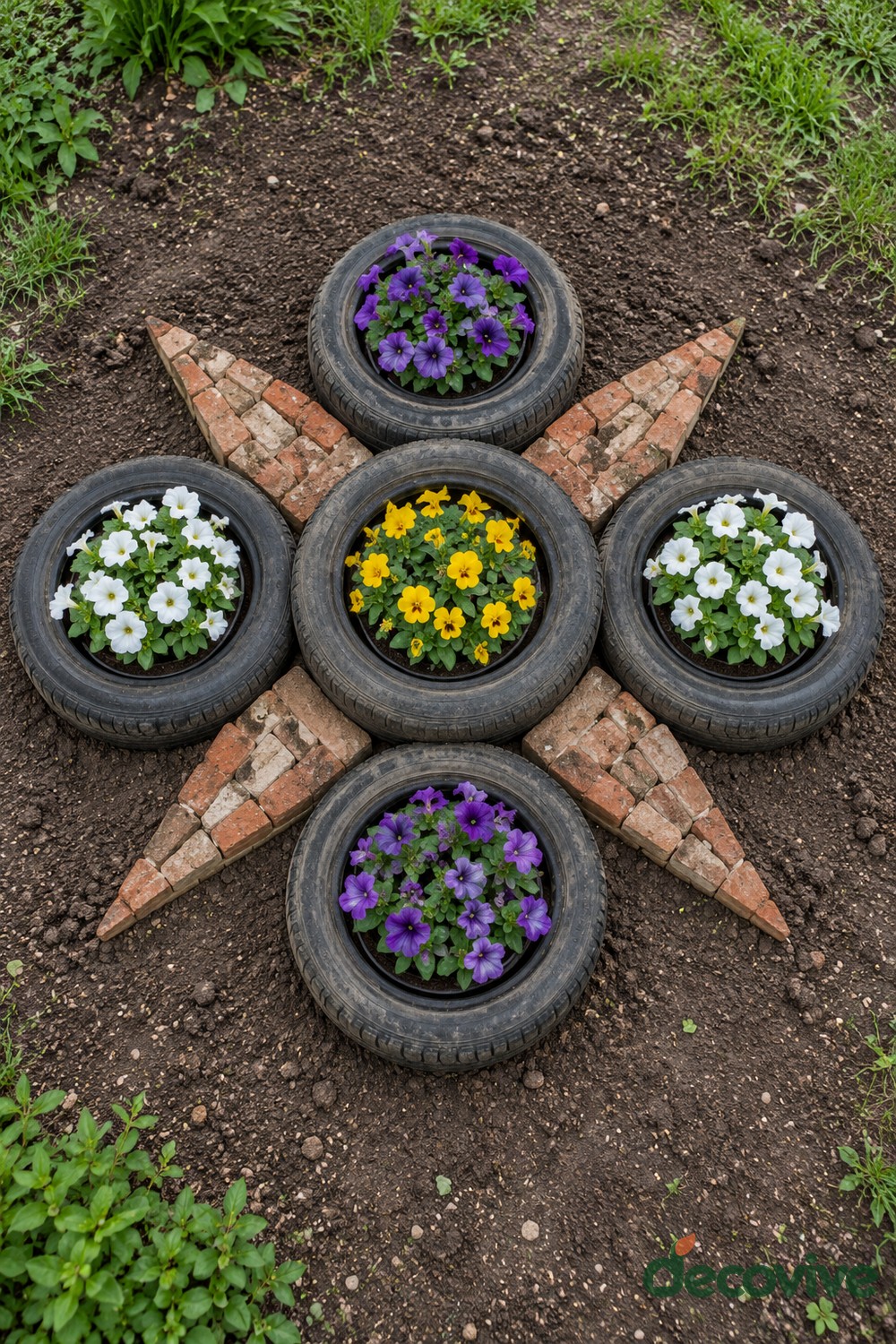 Five black tire flowerpots arranged around a yellow flower center with white and purple flowers and four triangular brick points between them