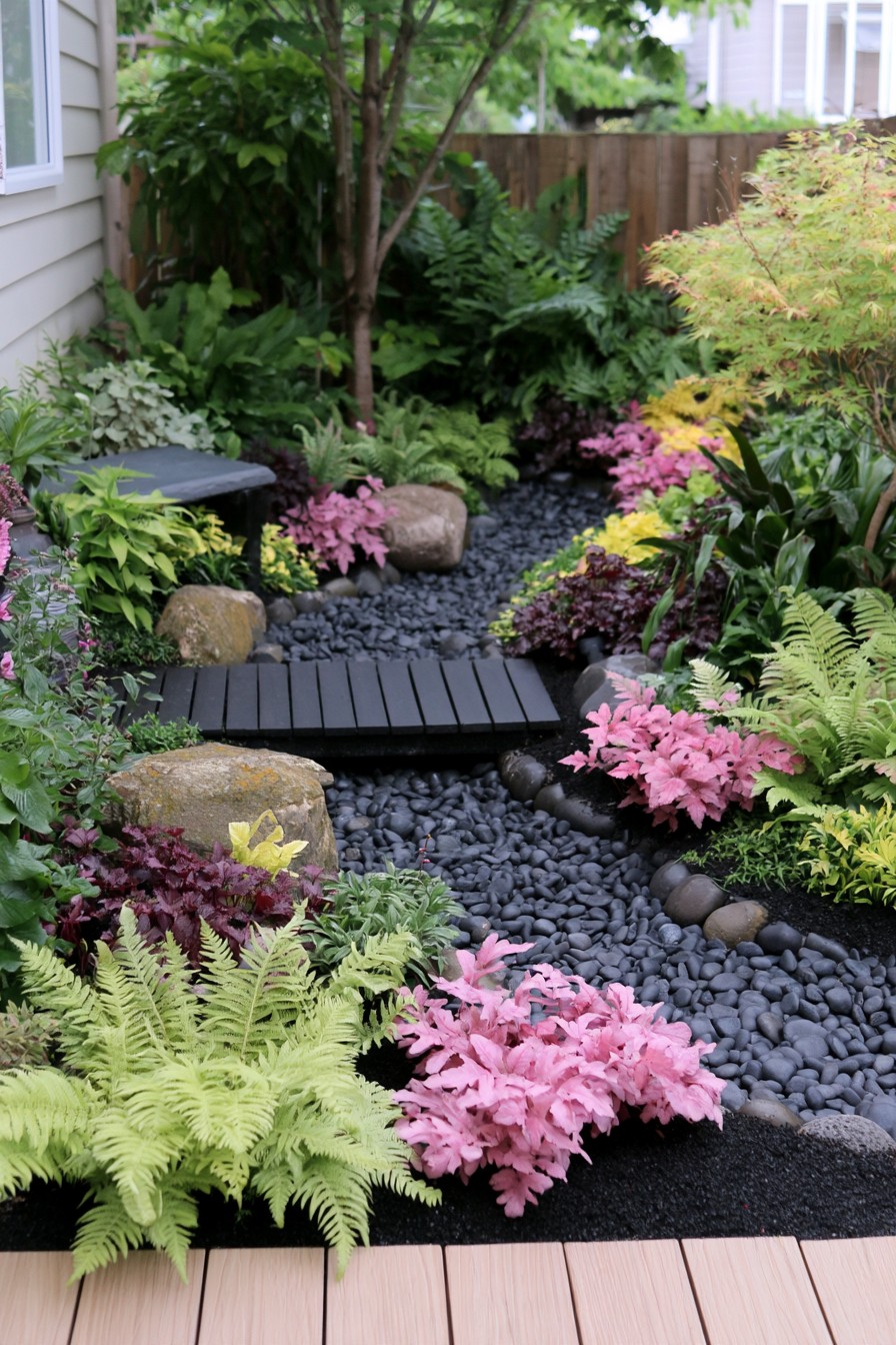 Gothic garden with dark dry creek bed and woodland planting