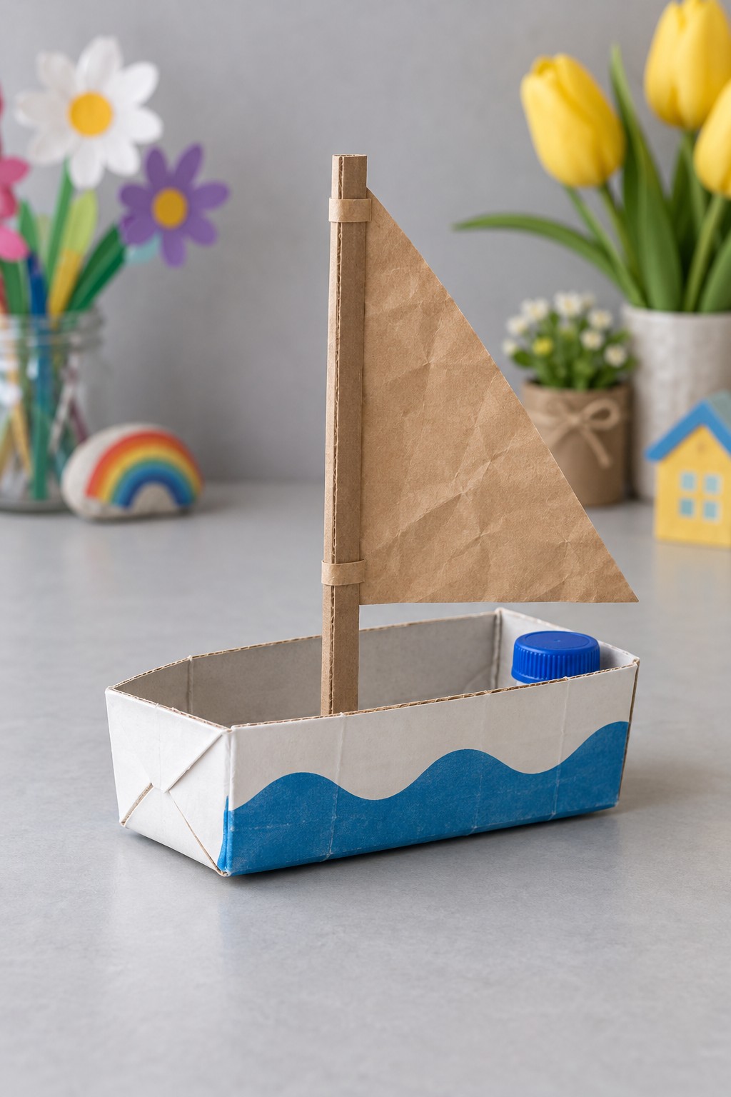 Open white and blue carton sailboat with a cardboard mast and triangular brown paper sail