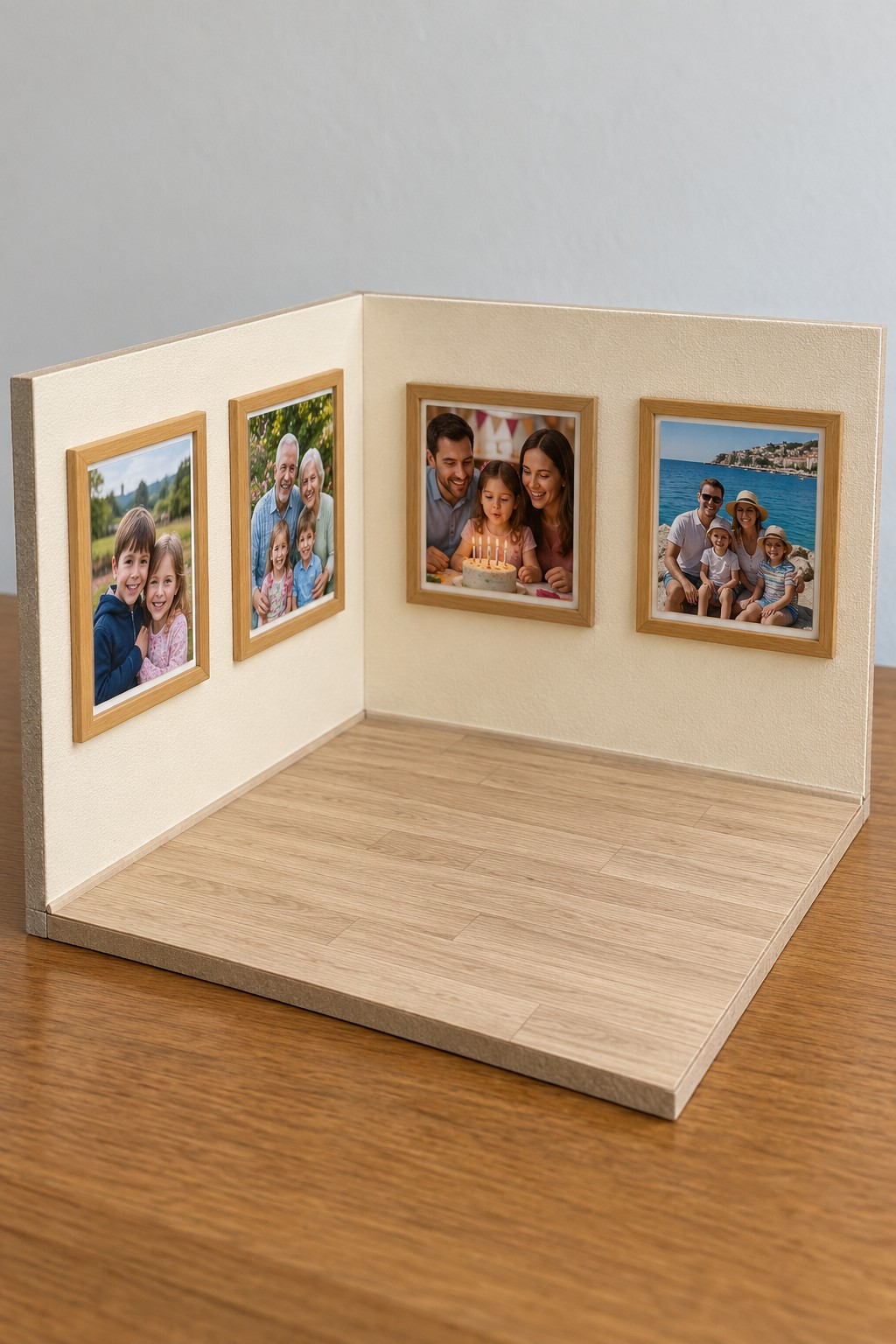 Miniature room corner with cream walls wood floor and four small framed family photographs