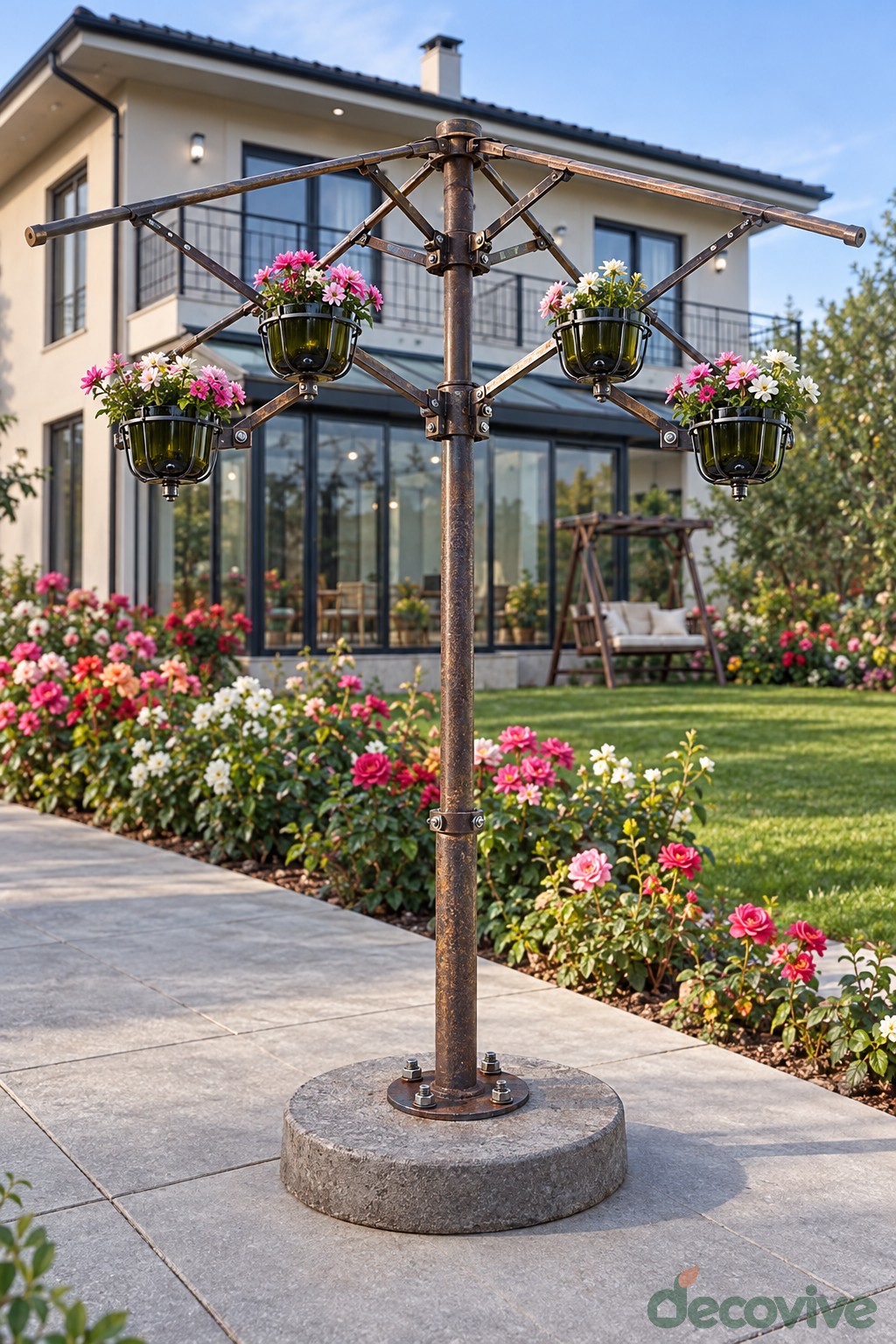 Umbrella shaped metal garden stand carrying suspended bottle flower planters
