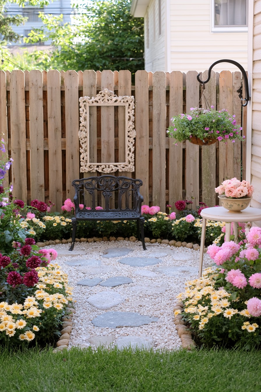 Ornate dark metal chair below a decorative fence frame on a pale gravel seating area
