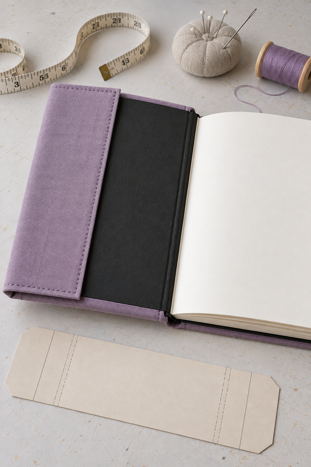 Open sketchbook with a lavender fabric sleeve flap holding the inside cover clear of the pages