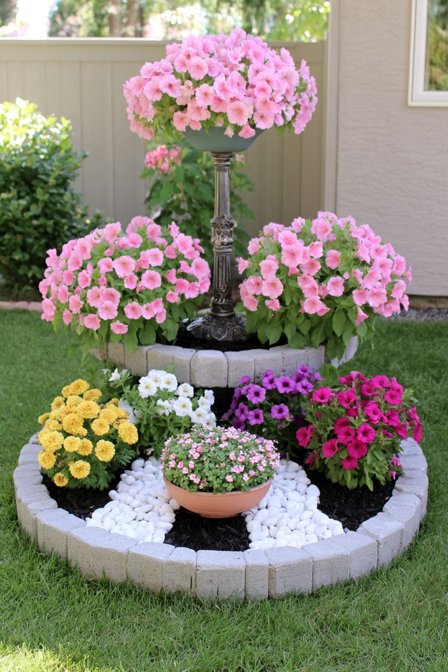 Two-tier circular flower bed with a tall central pedestal bowl and grouped flowers