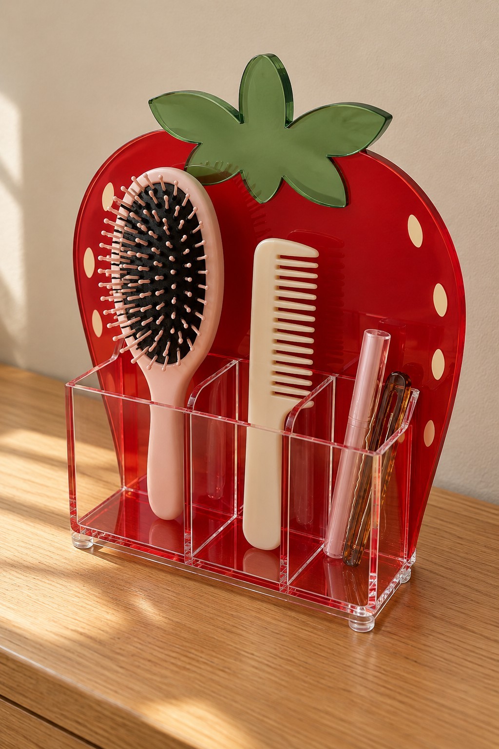 Red strawberry acrylic caddy with clear compartments for a hairbrush comb and clips