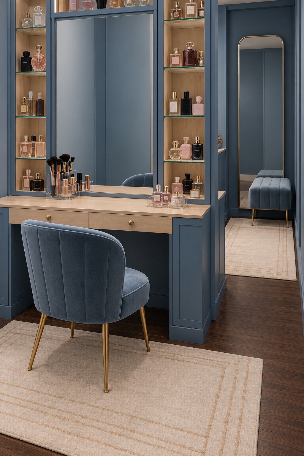 Dusty blue dressing station with glass shelves, cream countertop, blue chair, and adjacent full length mirror