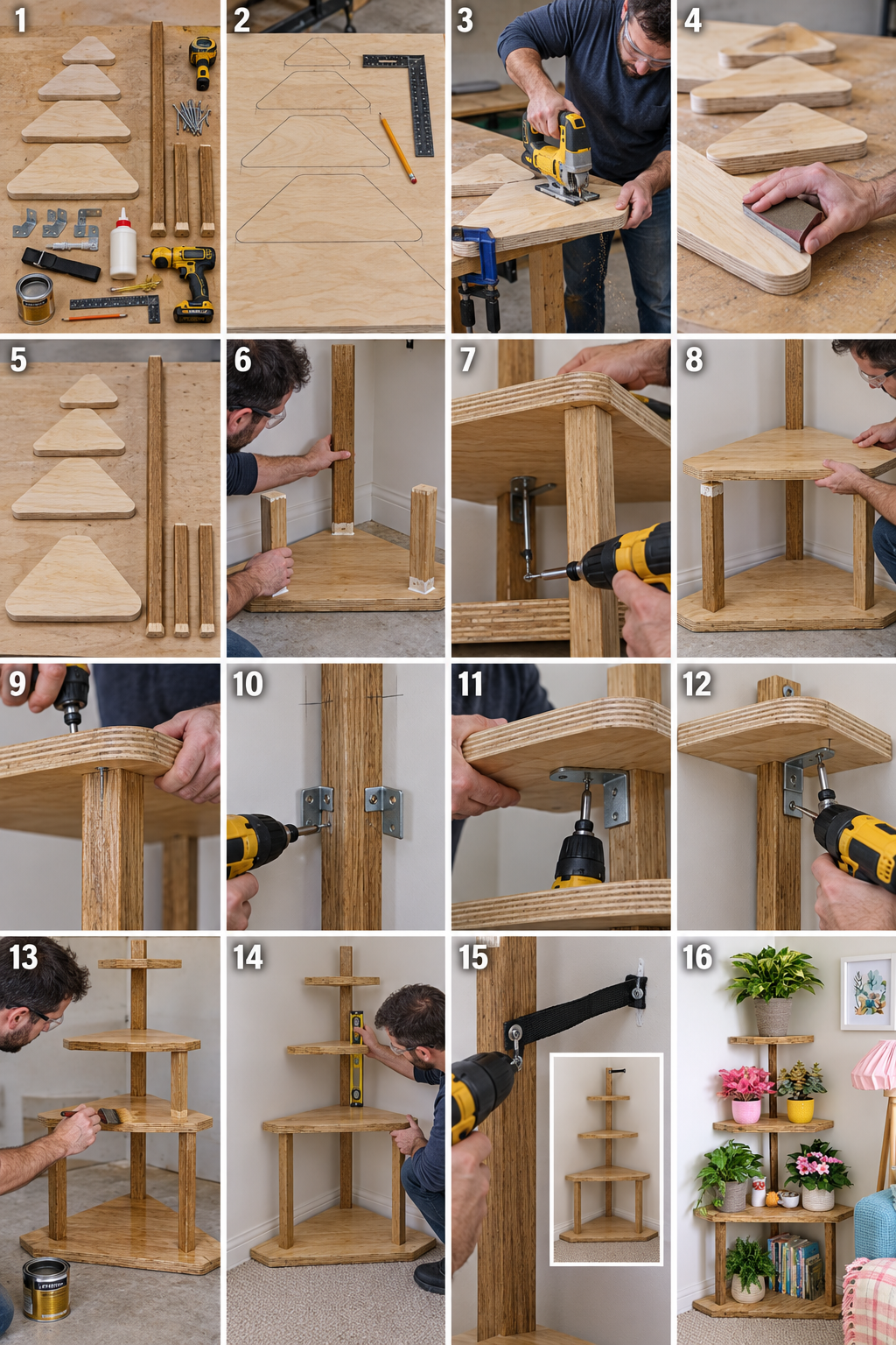 Woodworking stages showing marking, cutting, sanding, shelf assembly, finishing and wall anchoring