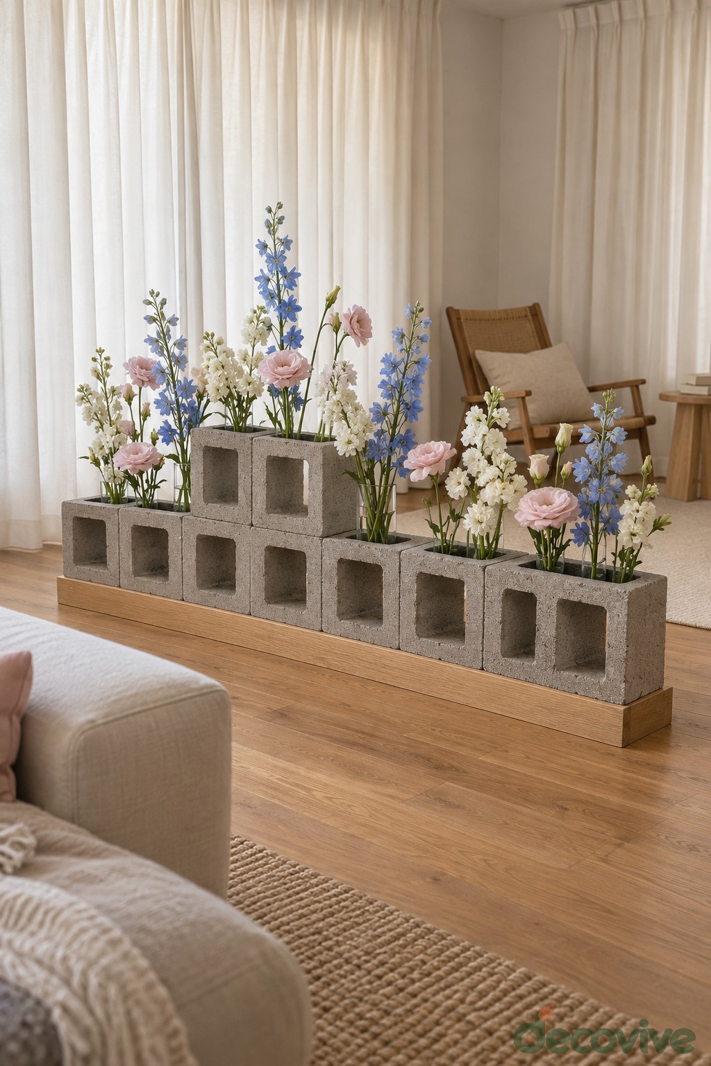 Low wooden base supporting staggered concrete blocks with tall pink and blue flowers