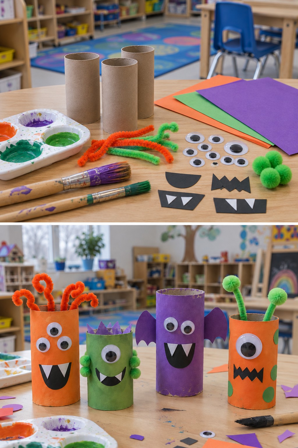 Cardboard tubes and assorted supplies above painted monsters with eyes, paper teeth and wings